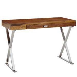 Designer skrivebord i massivt sheesham træ / metal krom, 120x55x78 cm, brun