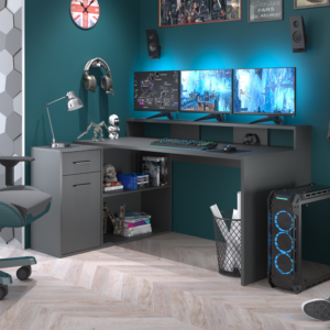 Gamer skrivebord med 1 skuffe og 1 dør, 160 x 115 x 92 cm, grå
