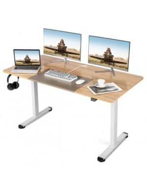 Hæve/Sænke skrivebord i metal og møbelplade 140 x 70 cm - Hvid/Eg