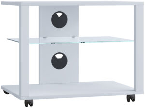 VCM NORDIC Folas M Hi-fi og TV-bord, m. 1 glashylde og hjul - hvid træ (60x41)