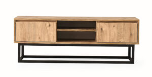 NORDVÄRK Belinda TV-bord, m. 1 hylde og 2 skuffer - fyrretræsfarvet melamin og sort metal (180x40)