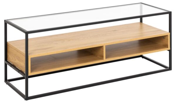 ACT NORDIC Randolf TV-bord, 1 hylde, 2 rum - klar glas, natur vild eg melamin, sort stål (120x40)