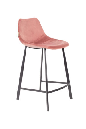 DUTCHBONE Franky barstol, m. ryglæn og fodstøtte - lyserød fløjl stof og sort stål (65cm)