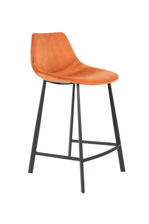 DUTCHBONE Franky barstol, m. ryglæn og fodstøtte - orange fløjl stof og sort stål (65cm)