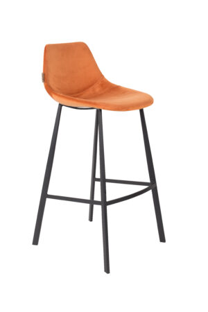 DUTCHBONE Franky barstol, m. ryglæn og fodstøtte - orange fløjl stof og sort stål (80cm)