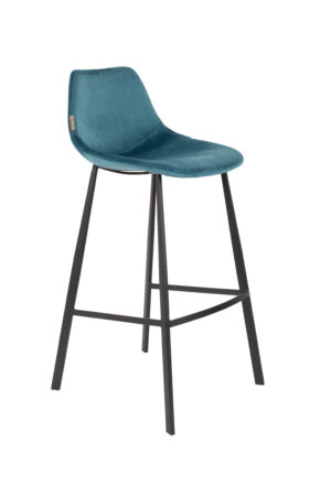 DUTCHBONE Franky barstol, m. ryglæn og fodstøtte - petrol fløjl stof og sort stål (80cm)